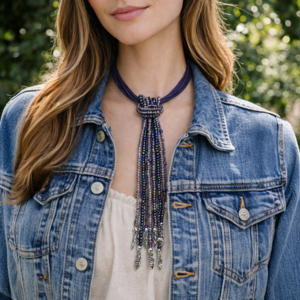 Multistrand Eggplant Purple Leather Choker W/ Beaded Strands Necklace